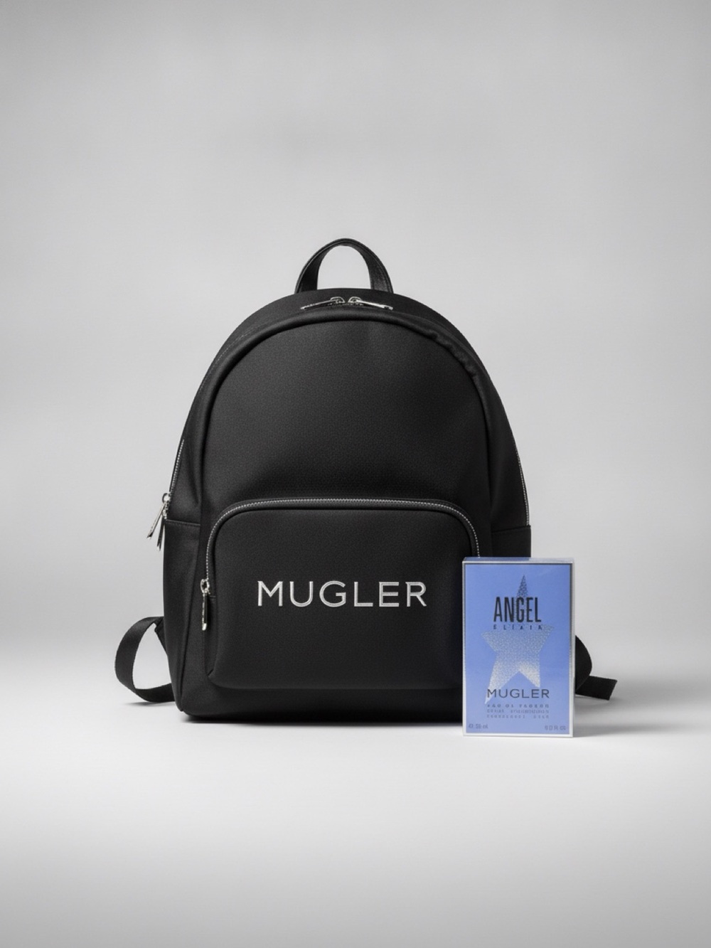 Mugler Black Logo Backpack + Angel Elixir 3 oz Gift Set